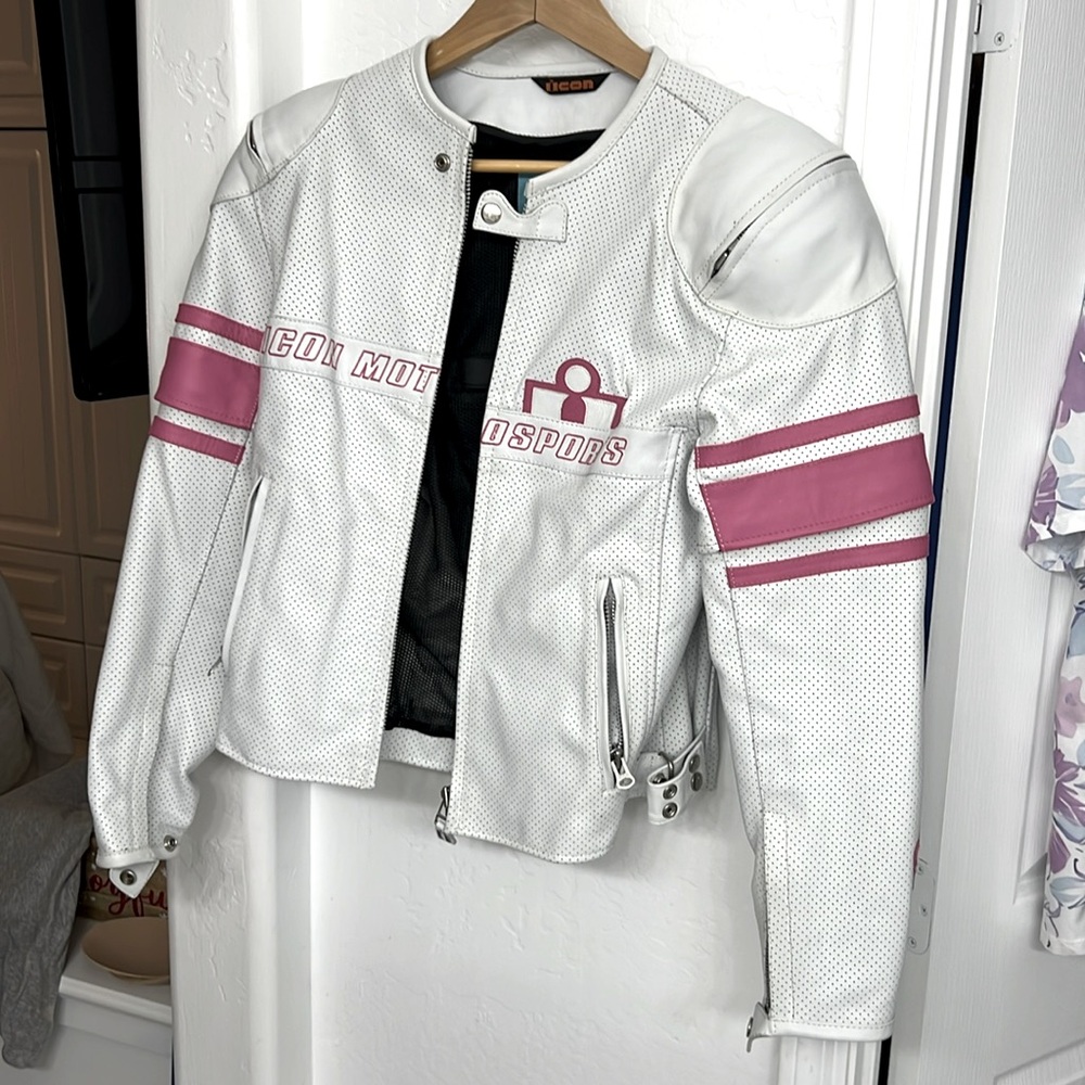 ICON Women’s White & Pink Perforated Mesh Motorcycle Jacket - Size M